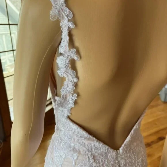 * Pink Spaghetti Strap White Lace Flared Wedding Gown Bridal Dress Size 4 6