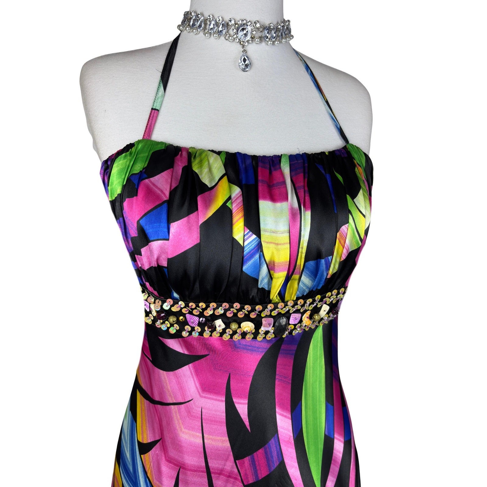 Vintage Y2K Tropical Halter Midi Dress with Sequins and Beads – Boho Resort Wear