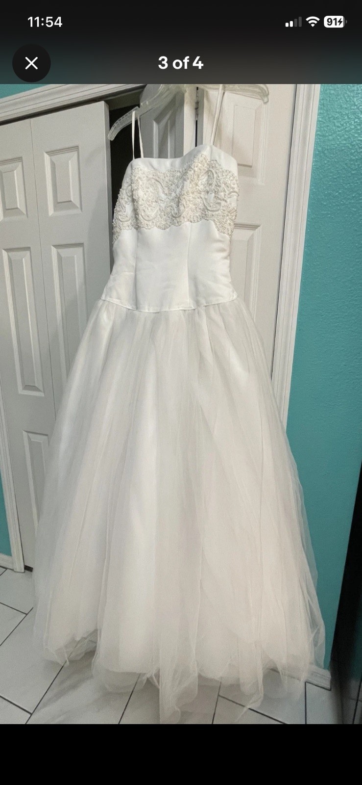 White SATIN Bodice BEADED BUST Tulle Ball Gown Spag Straps Sz 12, PC Mary’s