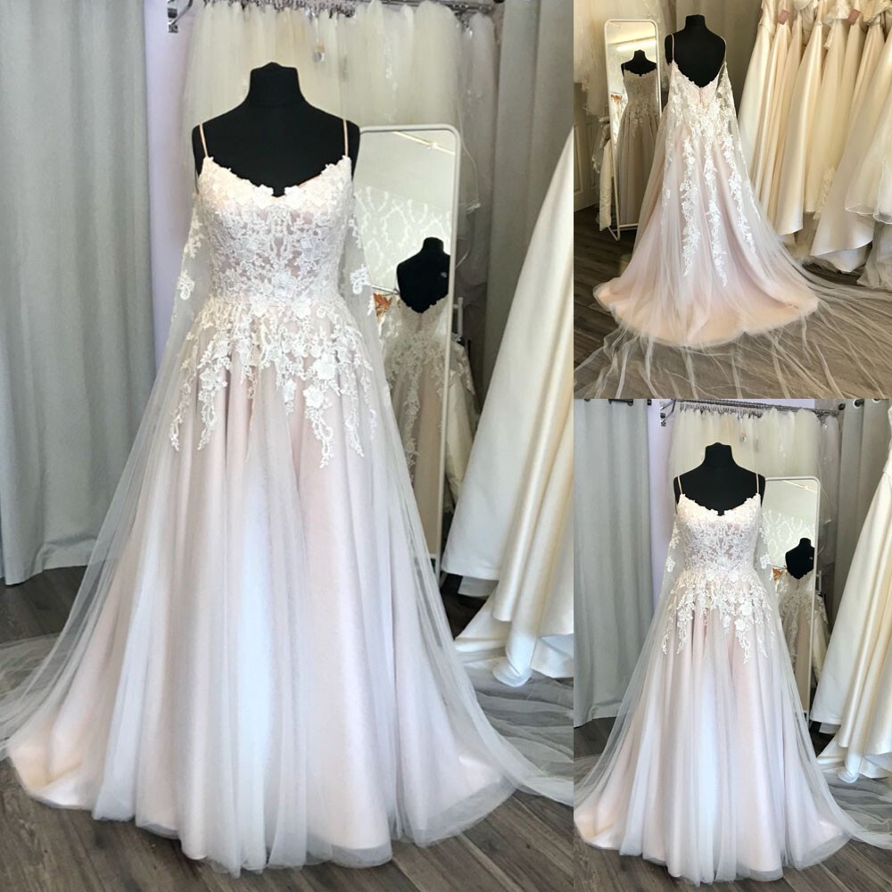 Summer Boho Light Champagne Wedding Dresses with Straps A Line Bridal Gowns