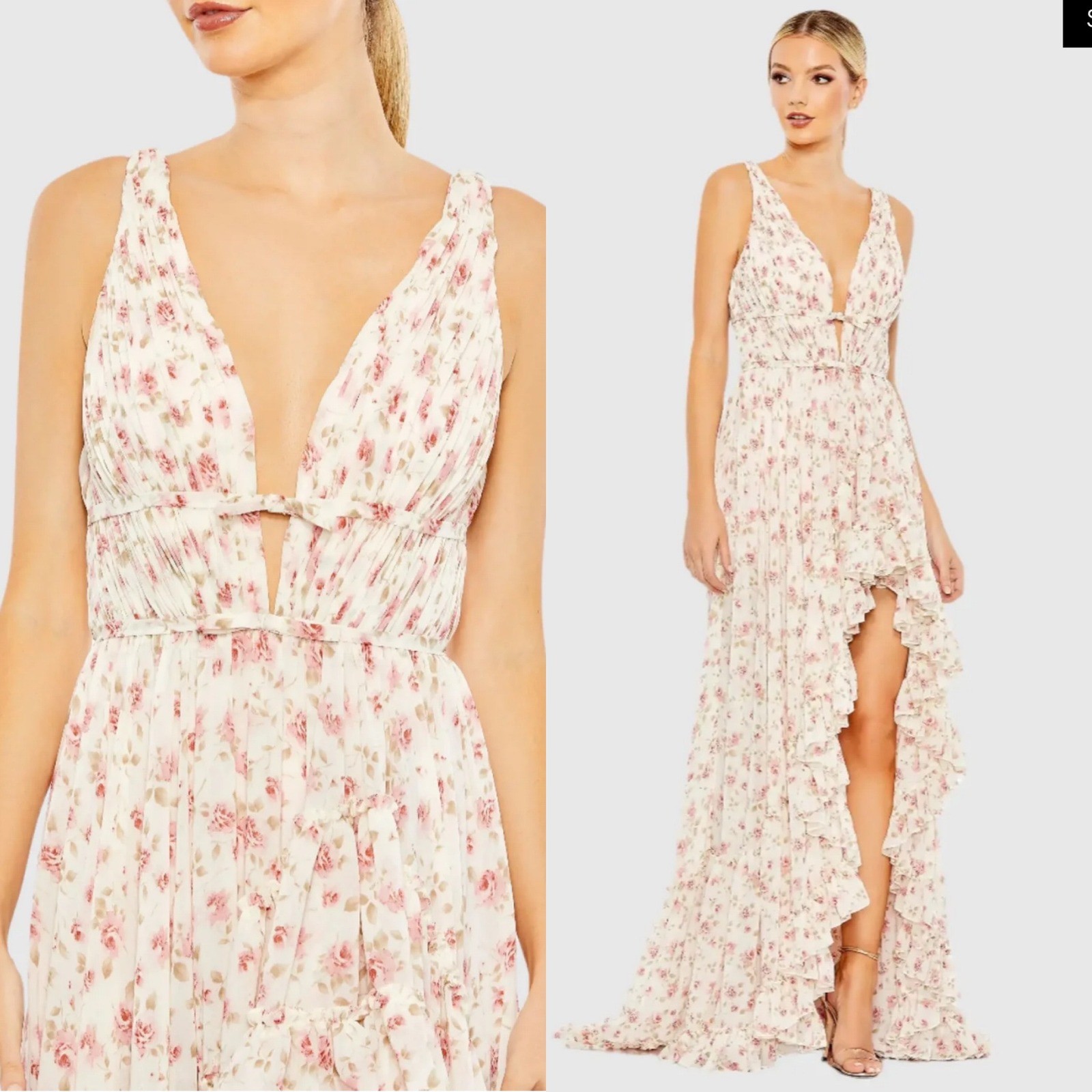 Mac Duggal 50659 Pink Floral Maxi Dress Ruffle Tiered Plunge Formal Dress