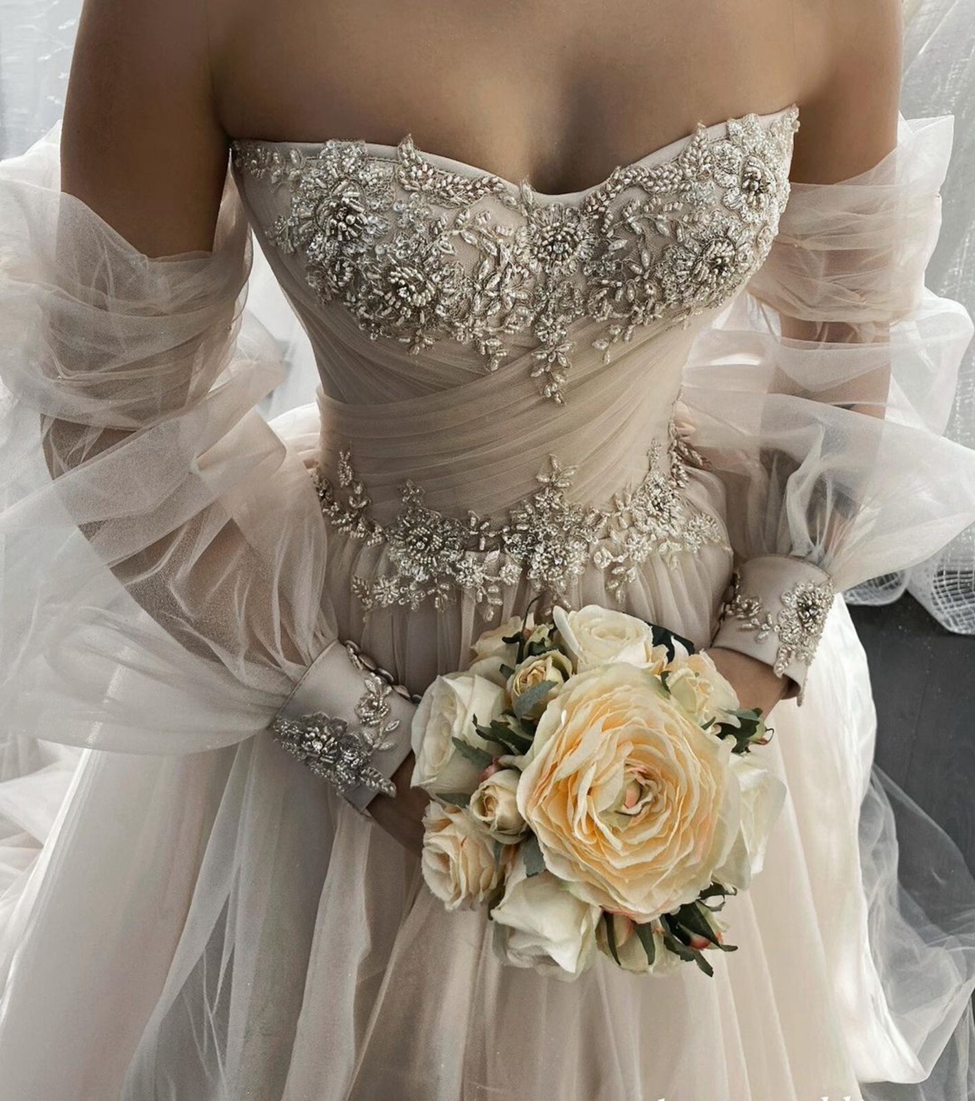 New Crytals Beaded Corset Bridal Gown Wedding Dress Custom made Bishop Sleeves