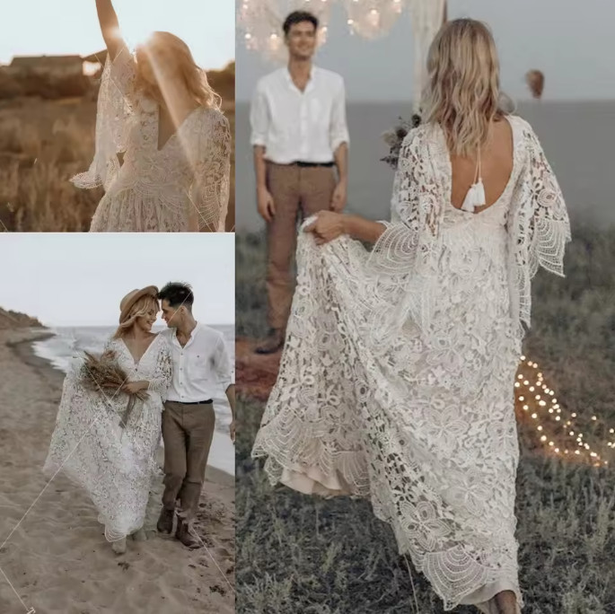 Flare Sleeve crochet Lace Wedding Dresses Boho GYPSY V-Neck beach bohemian Brida