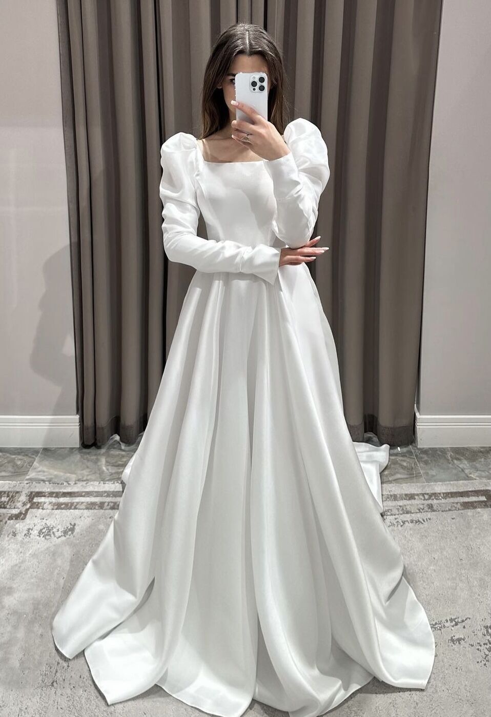 Elegant Satin Wedding Dresses Long Sleeves Square Neck Sweep Train Bridal Gowns