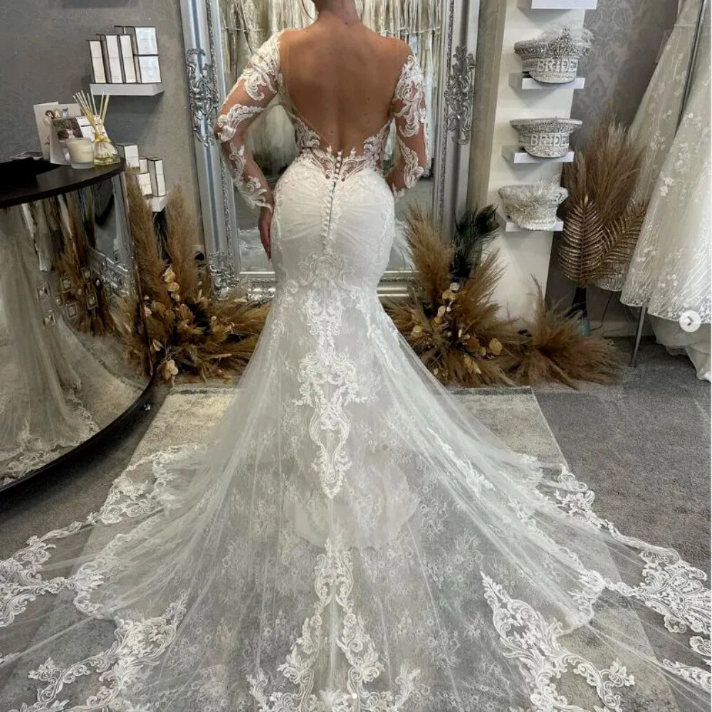 Modern Mermaid Wedding Dresses Lace Applique Backless Long Sleeves Bridal Gowns