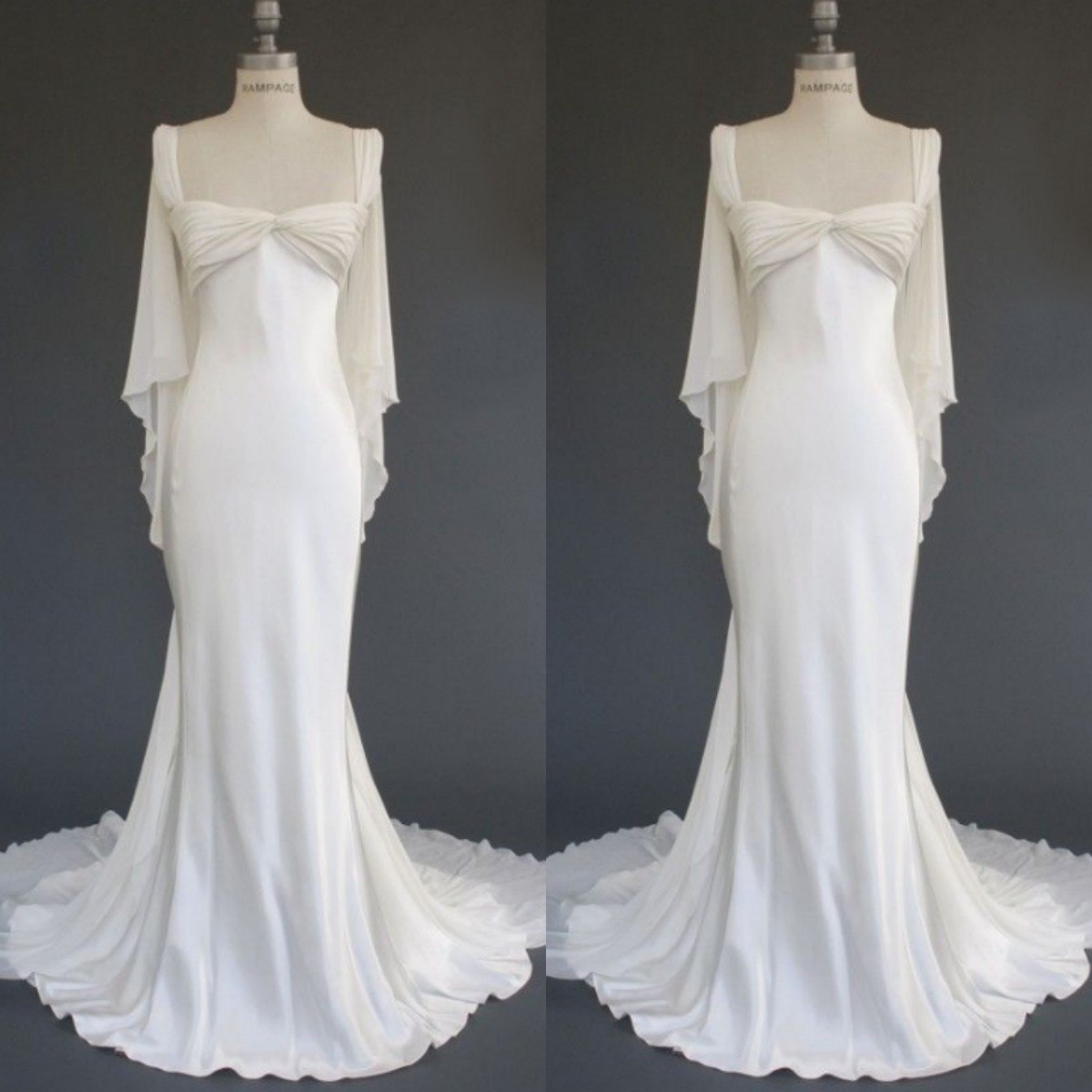 Satin Mermaid Wedding Dresses Long Sleeve Square Neck Sweep Train Bridal Gowns-