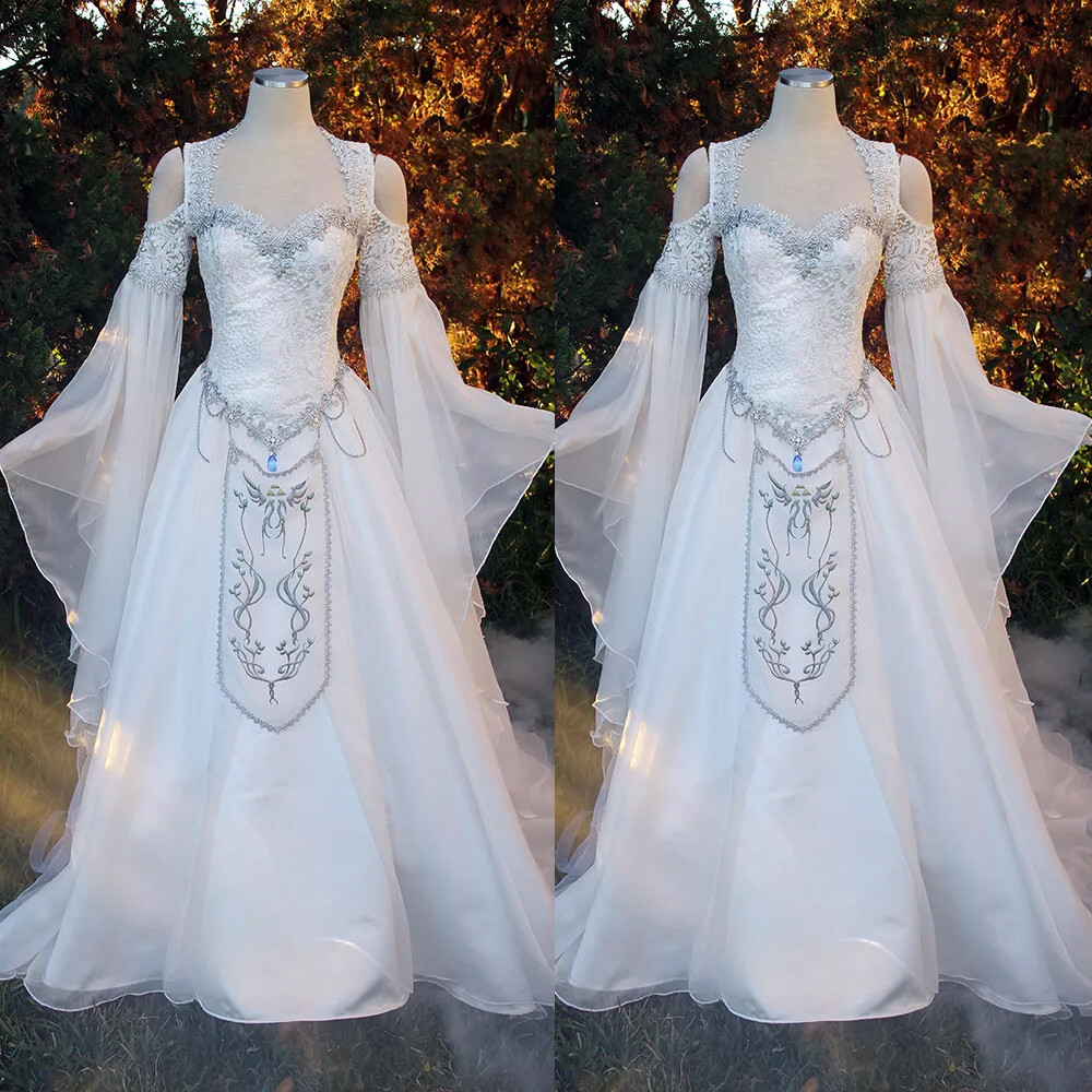 Medieval Victorian Wedding Dresses Long Sleeve Organza Beaded Corset Bridal Gown