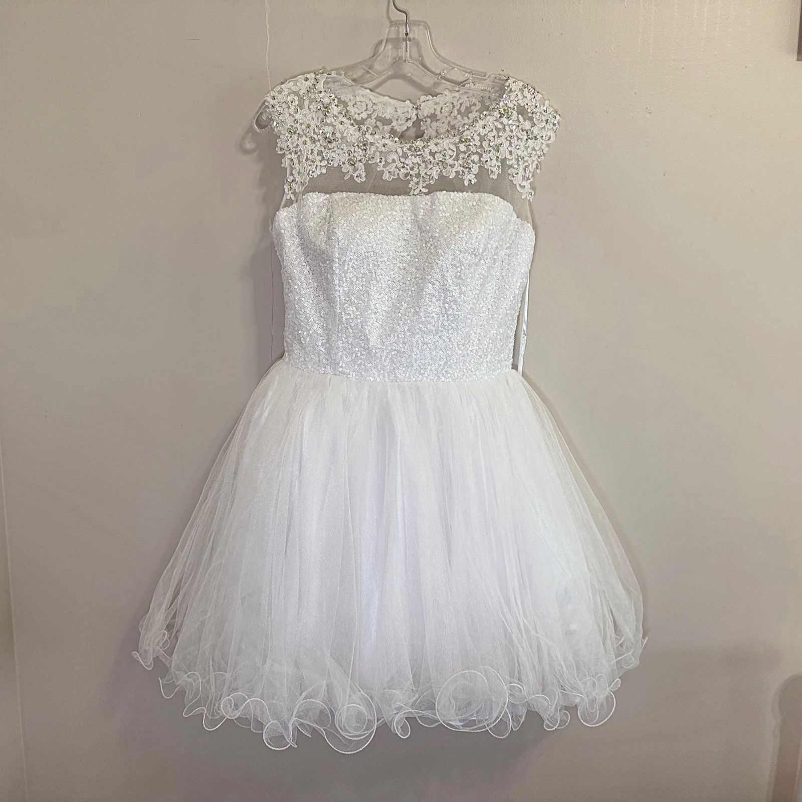 Let’s 5522 White Illusion Cap Sleeve Lace Beaded Sequin Tulle Dress L