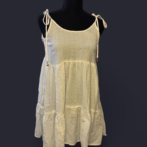 Aerie White Gold Metallic Stripe Tiered Babydoll Mini Dress Tie Strap XS