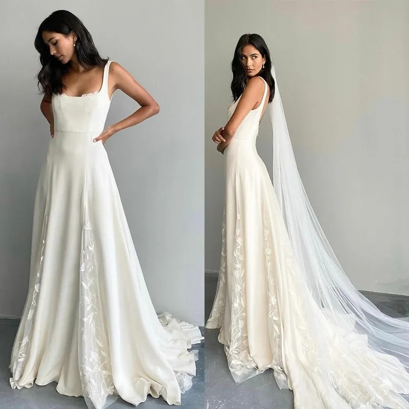 Elegant Wedding Dresses Square Neck Beach Bride Dress Lace Applique Bridal Gown