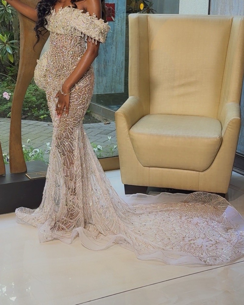 Handmade Ivory Off-Shoulder Lace Beaded Mermaid Corset Wedding/promDress S Train
