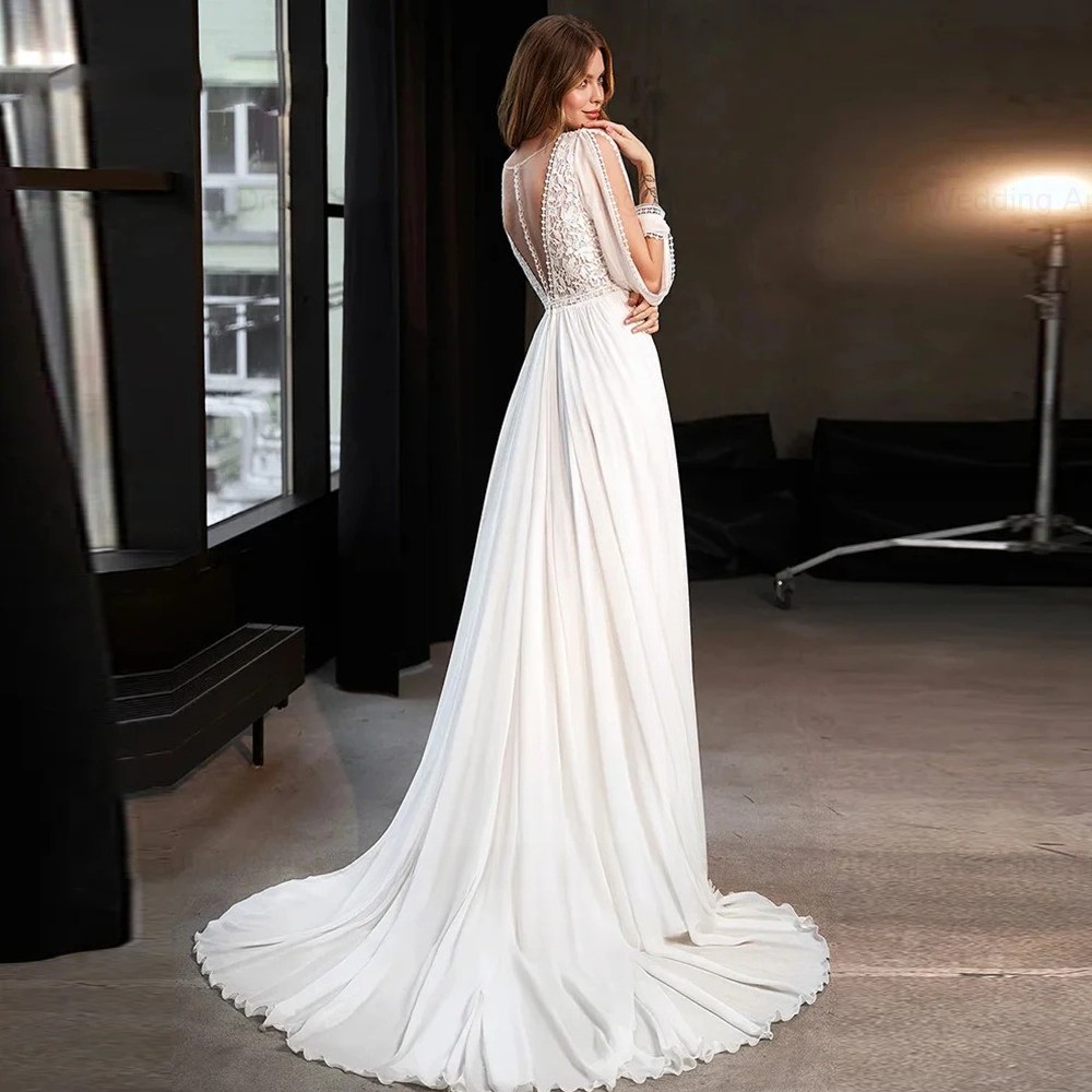 Boho A-Line Wedding Dresses V Neck Long Sleeves Lace Applique Beach Bridal Gowns
