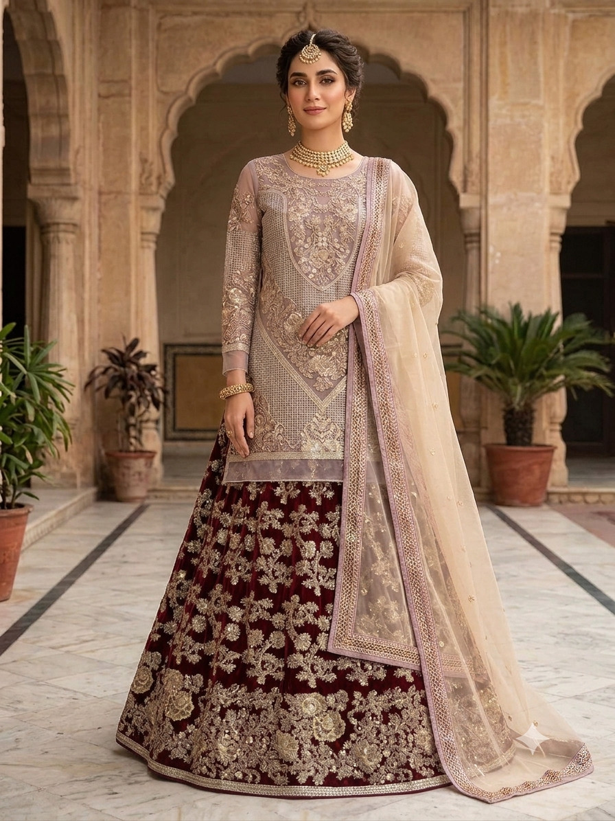 Pakistani Chiffon Embroidered Lehenga | Masoori Sequin Work Suit