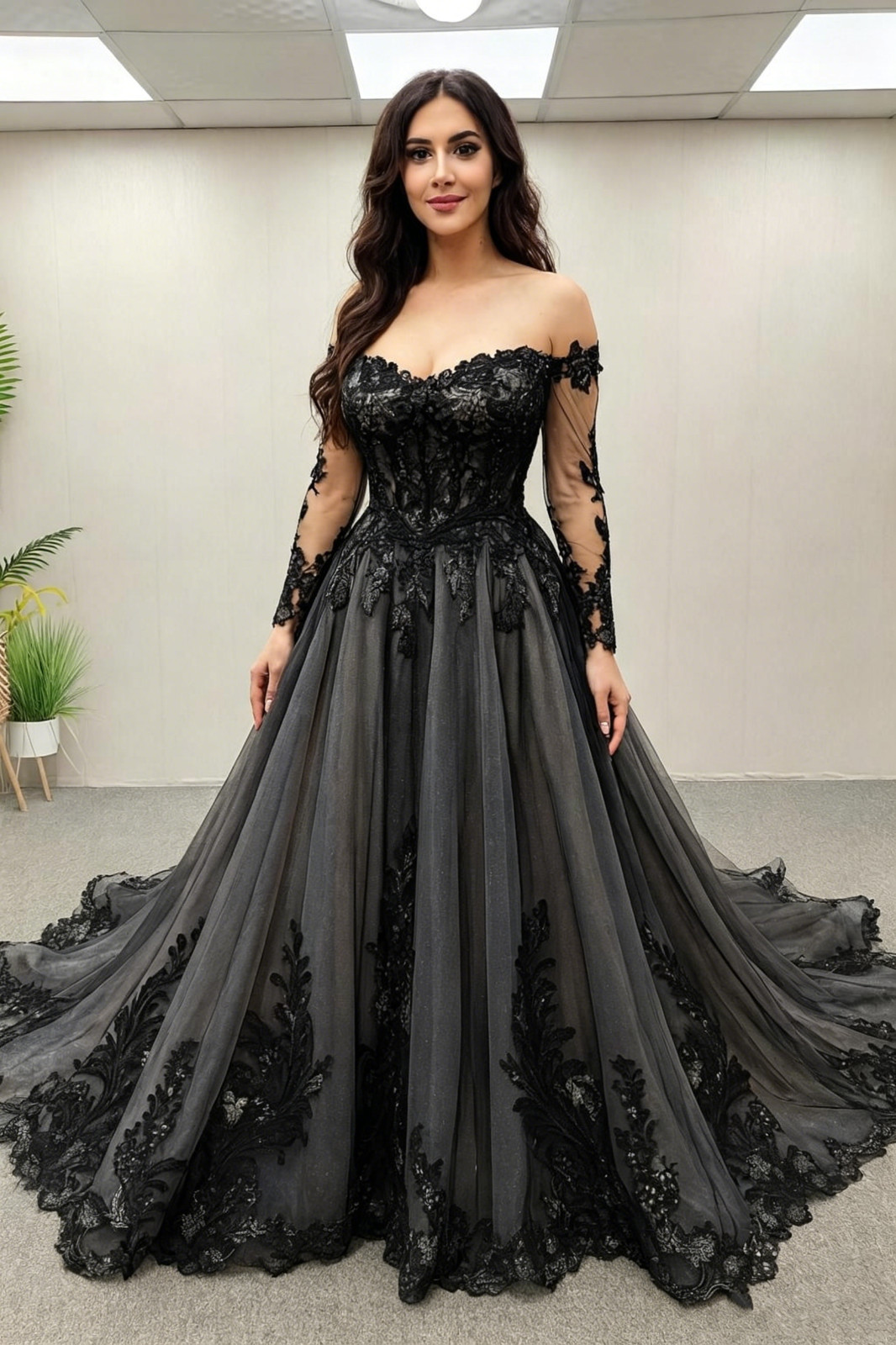 Black Gothic Wedding Dresses Off Shoulder Long Sleeve Lace Applique Bridal Gowns