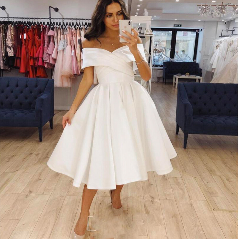 White Short Wedding Dresses Satin Off the Shoulder Knee Length Bridal Gown