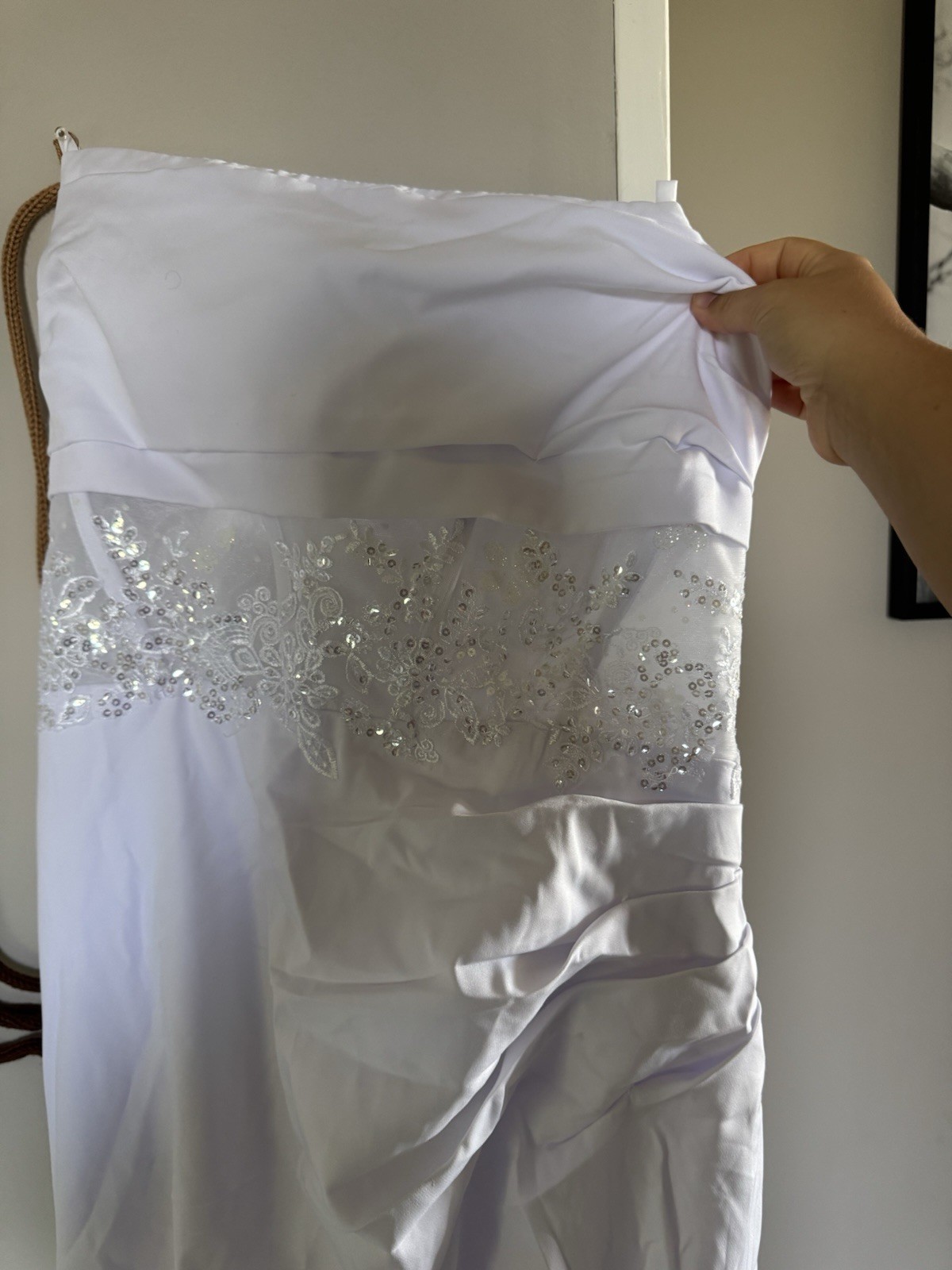White Strapless Mermaid Wedding Dress w/ Lace Beading Sequins Train Buttons