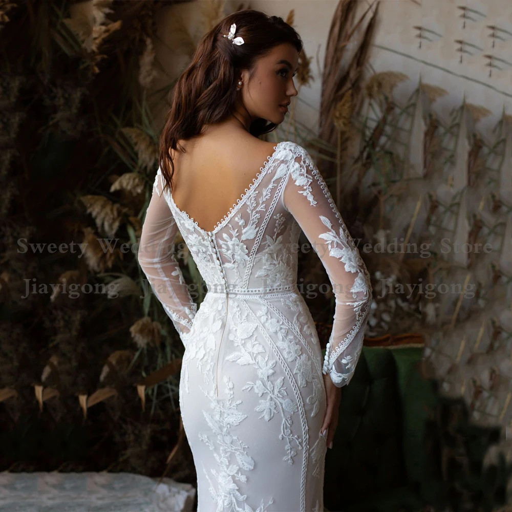Classic Lace Mermaid Wedding Dress Sexy Double V Neck Long Sleeves Appliques