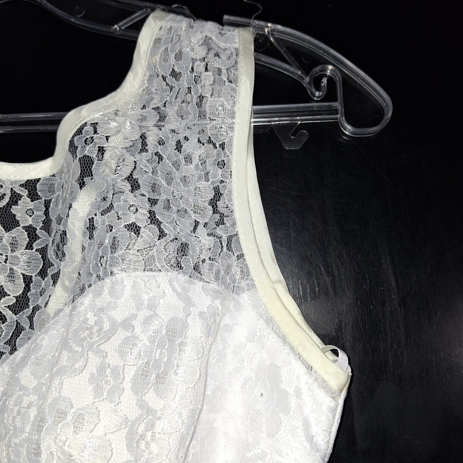 XS Lace Wedding Formal Cocktail Confirmation Homecoming Dress White w Ivory Trim