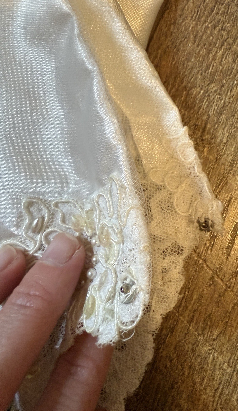 Vtg Mori Lee Satin Wedding Dress High Neck Puffed Sleeves Beading Lace Sz 8