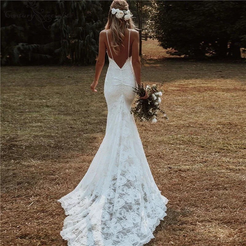 Boho Backless Spaghetti Strap Lace V Neck Mermaid Bridal Gown Wedding Dress