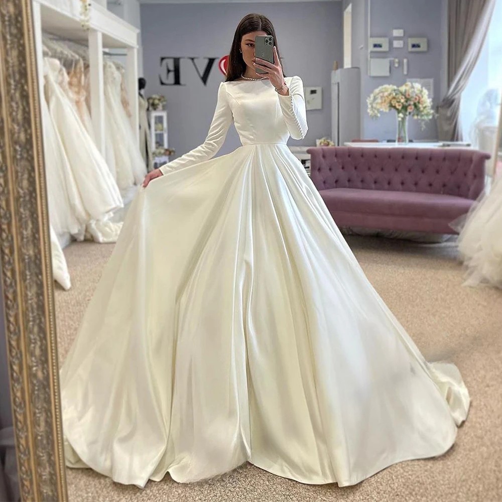 Vintage Satin Wedding Dresses For Woman Dubai Bride A-LINE Long Sleeves O-neck