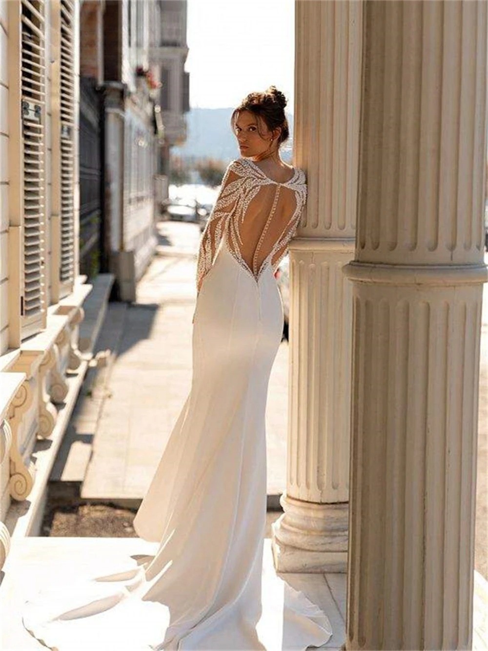 Long Sleeves Mermaid Satin Wedding Gown Scoop Bride Dresses Sheer Back Gown