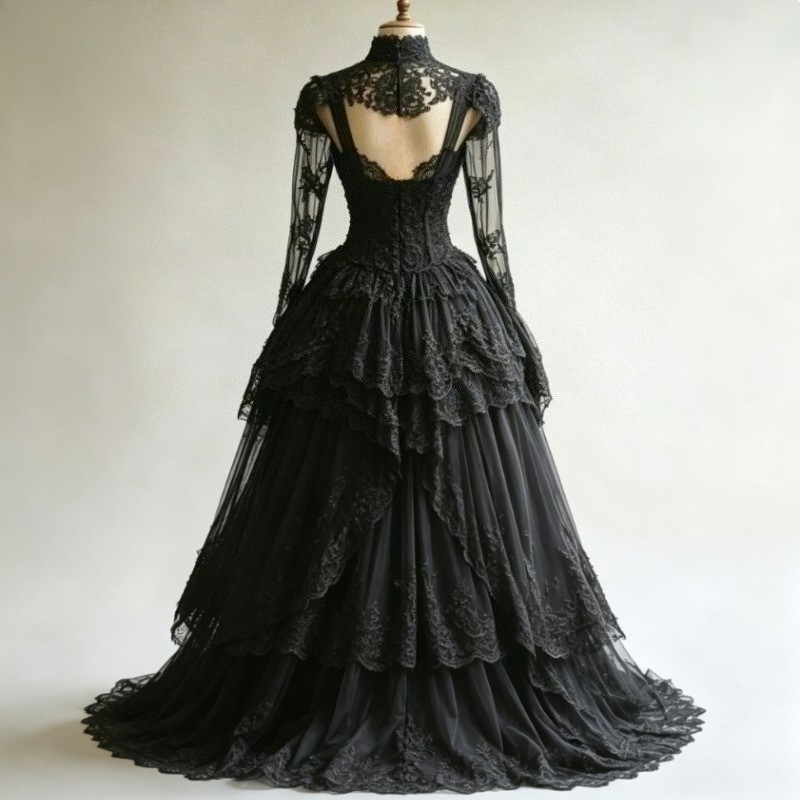 Black Gothic Wedding Dresses with Long Sleeves High Neck Lace Ruffle Bridal Gown