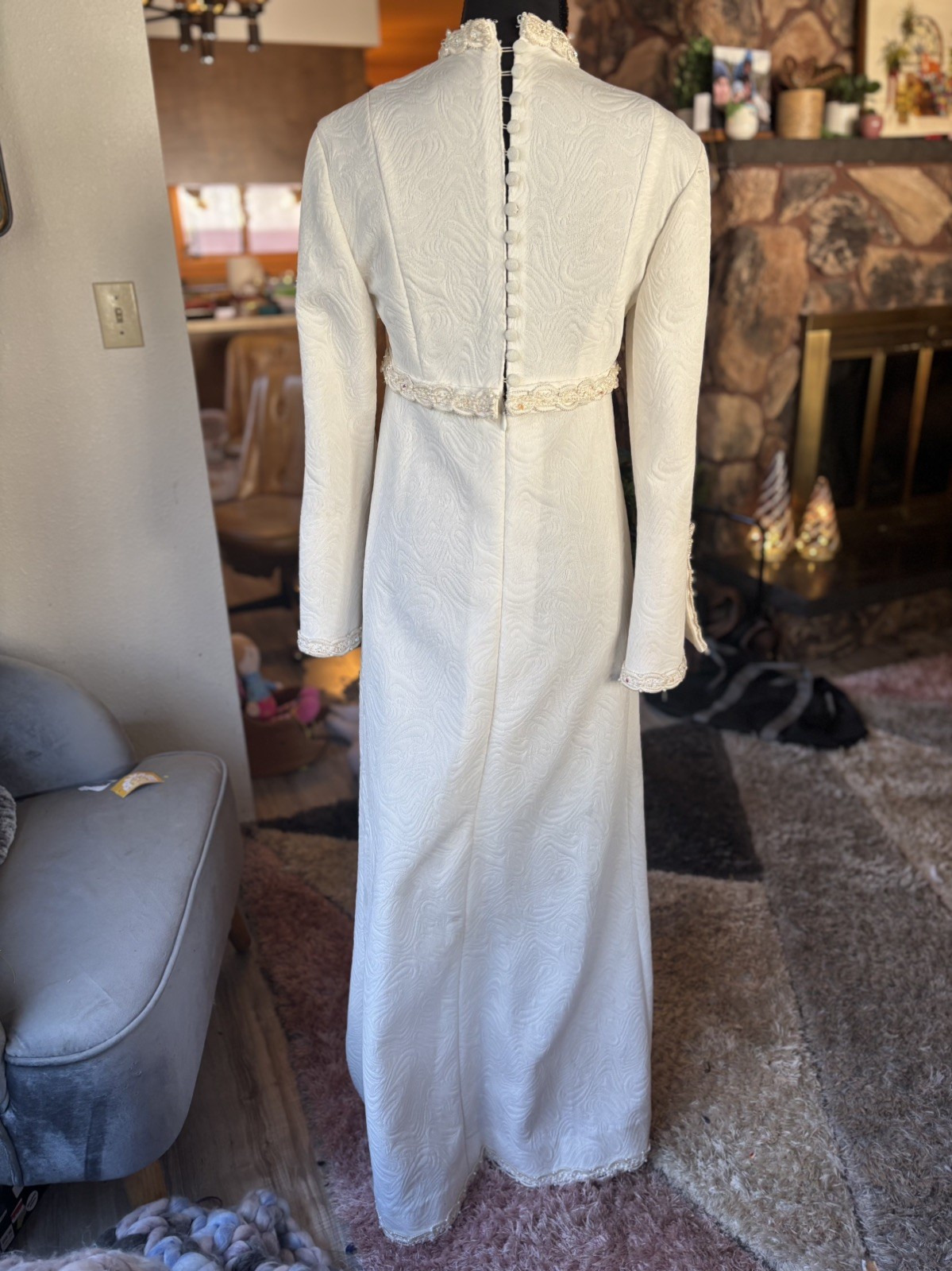 Vintage MCM 1960s Ivory Jacquard Wedding Dress bridal beaded Lace bell sleeves