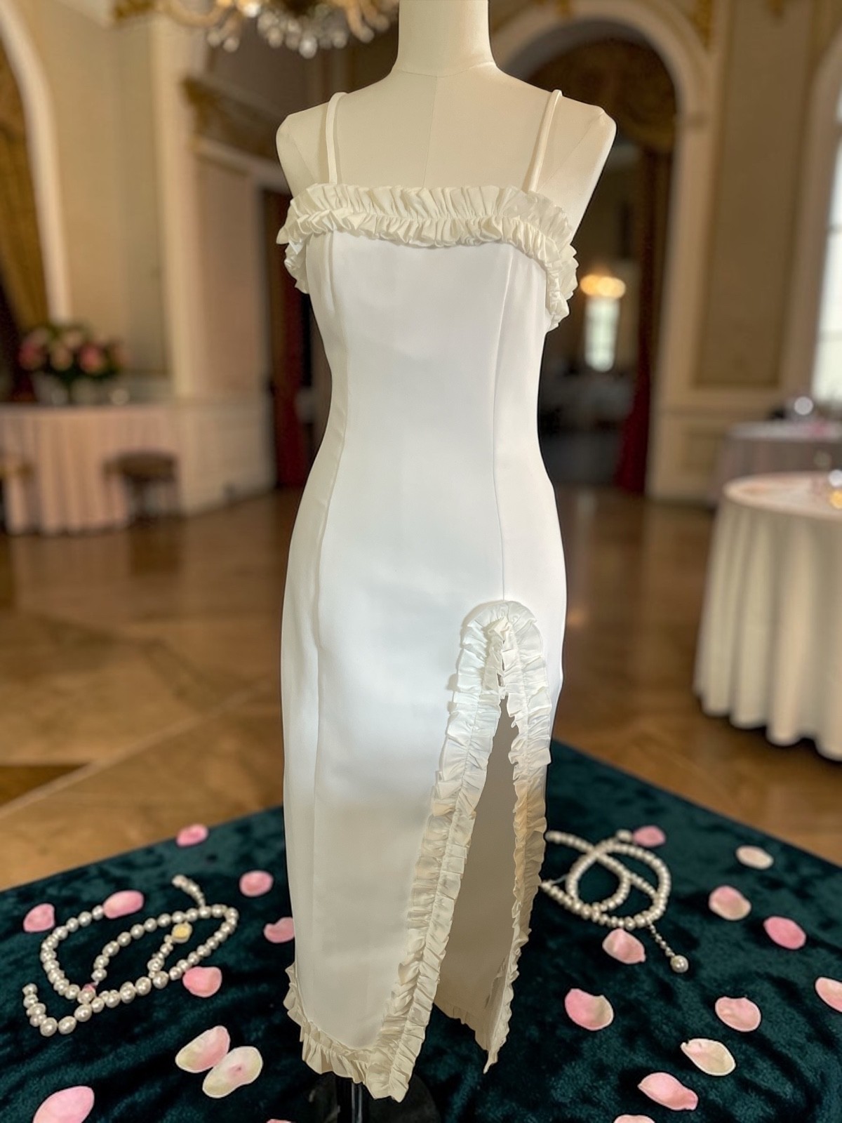 PrettyLittleThing White Ruffle Trim Midi Dress NWT Size 4 Romantic Slit Bodycon