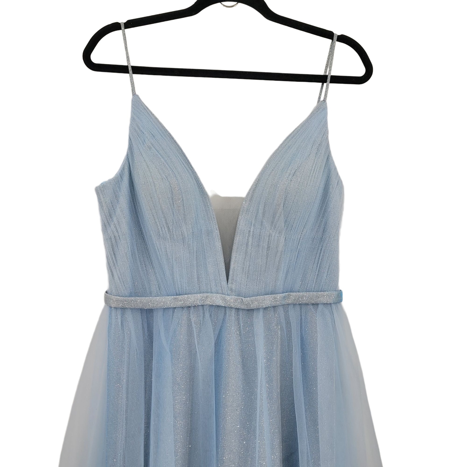 Mac Duggal Gown 10 Ice Blue Sparkle Mesh Plunging V Full Tulle Elsa Princess