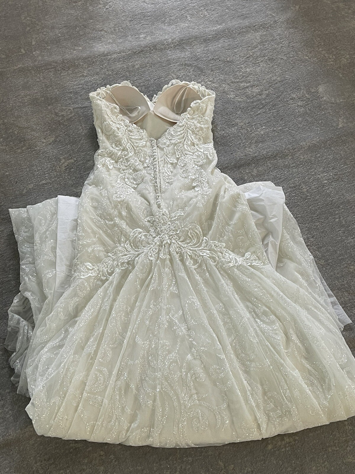 Evelyn Bridal Annika S201363 strapless metallic sparkle lace sheath gown Train