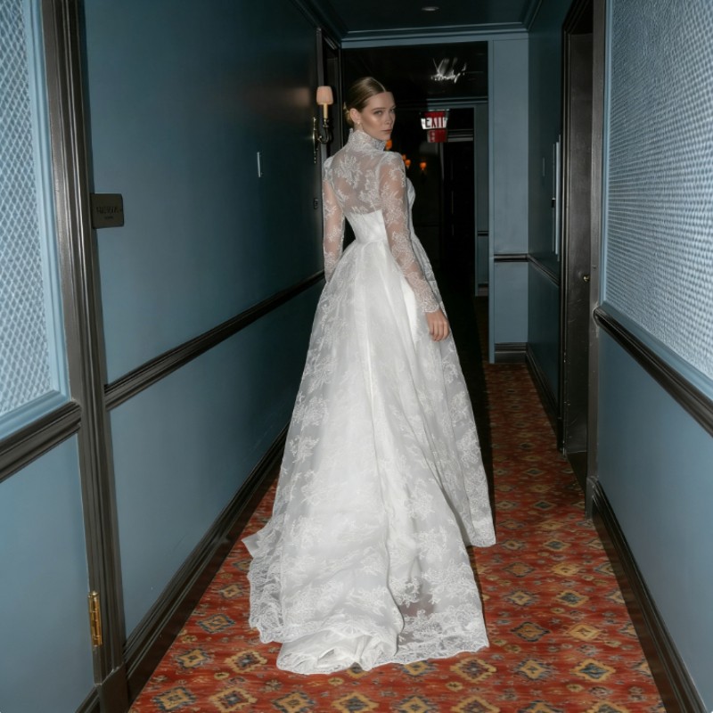 Lace Satin Long Sleeve A-Line Wedding Dresses Minimalist Haute Couture Appliques