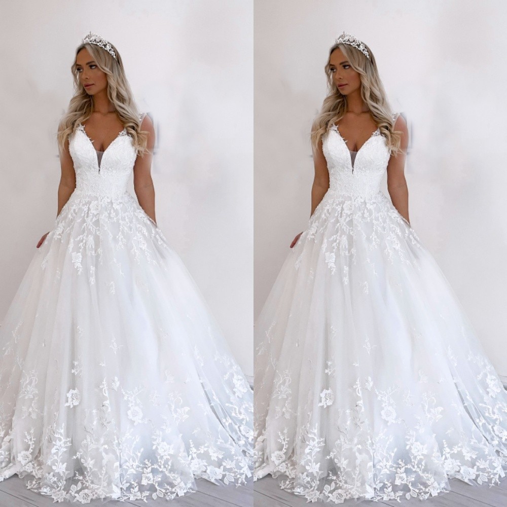 Elegant Wedding Dresses V Neck Lace Appliques A Line Bridal Gowns Sweep Train