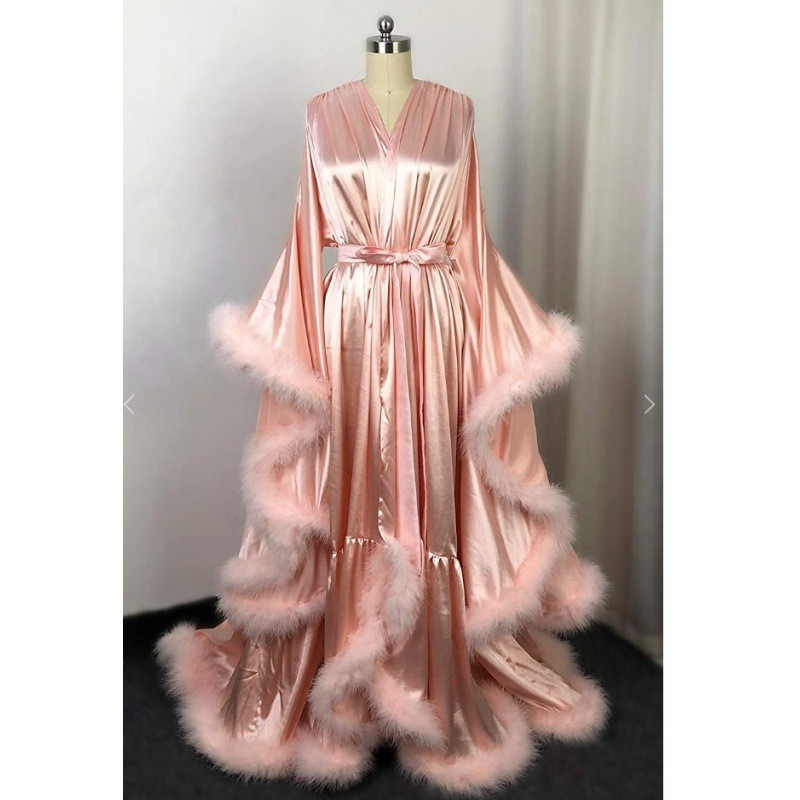 🎀Satin Long Robe for Women Fluffy Fur Trim Bridal Lingerie Nightgown Plus Size