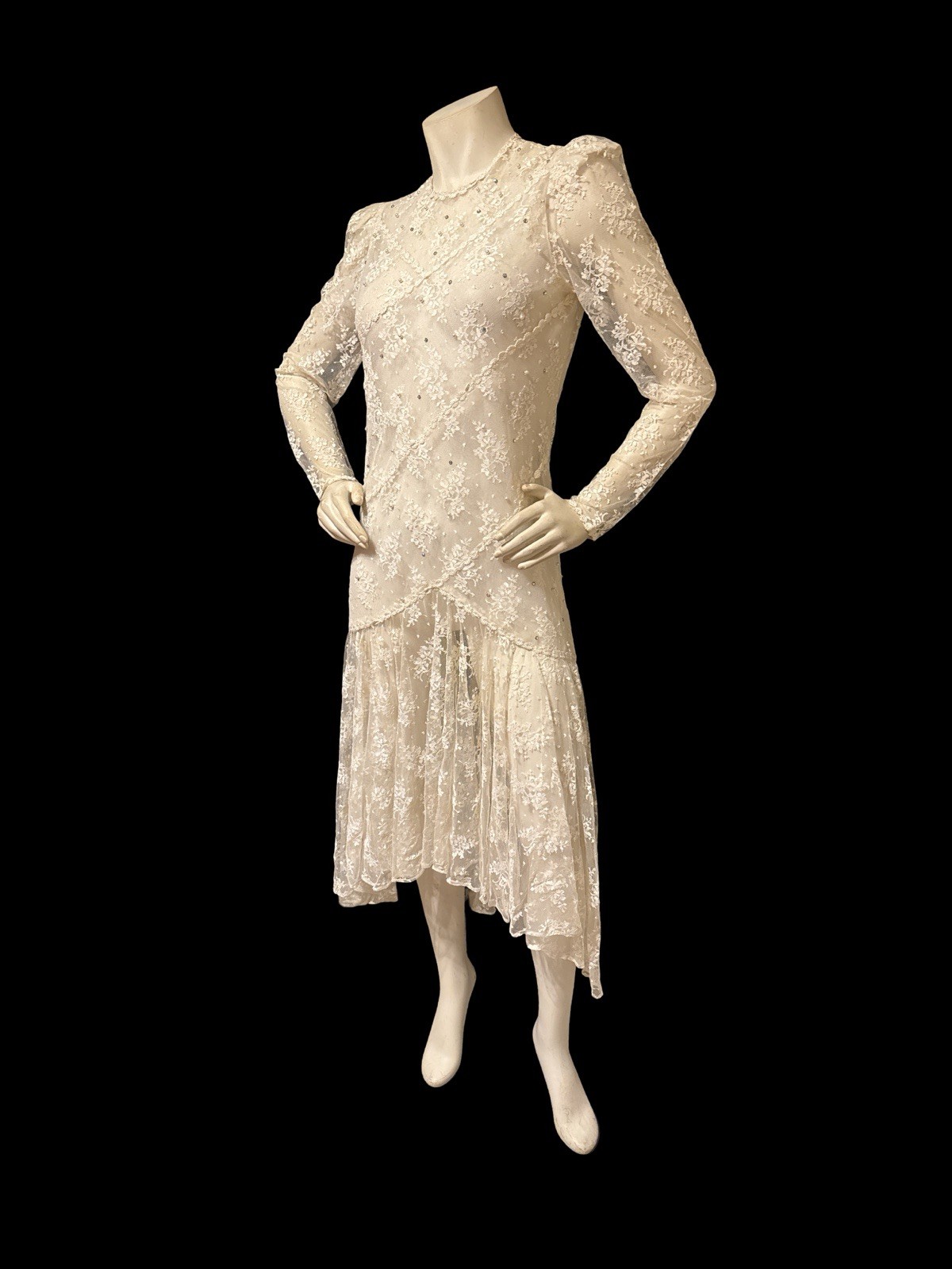 Vintage 80s Ivory Lace Dress Semi Sheer Tea Dress Edwardian Style Long Sleeve M