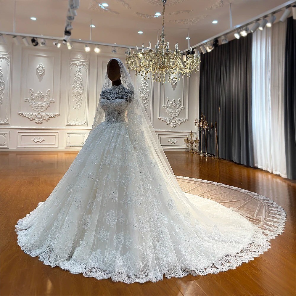 High Neck Lace Wedding Dresses Sparkly Tulle Ball Gown Cathedral Train Gowns