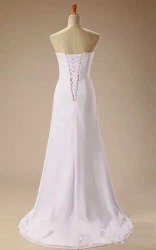 White Strapless Satin Wedding Dresses Lace Applique Chiffon Lace Up Bridal Gown