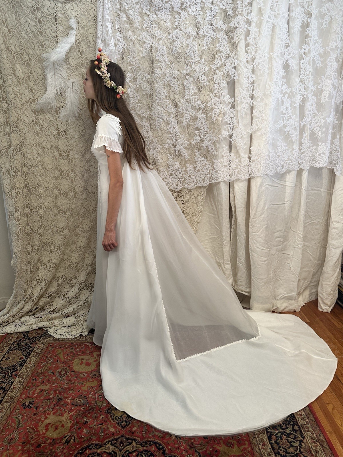 Vintage 1960s Restored White Lace High Neck Short Sleeve A-Line Wedding Dress
