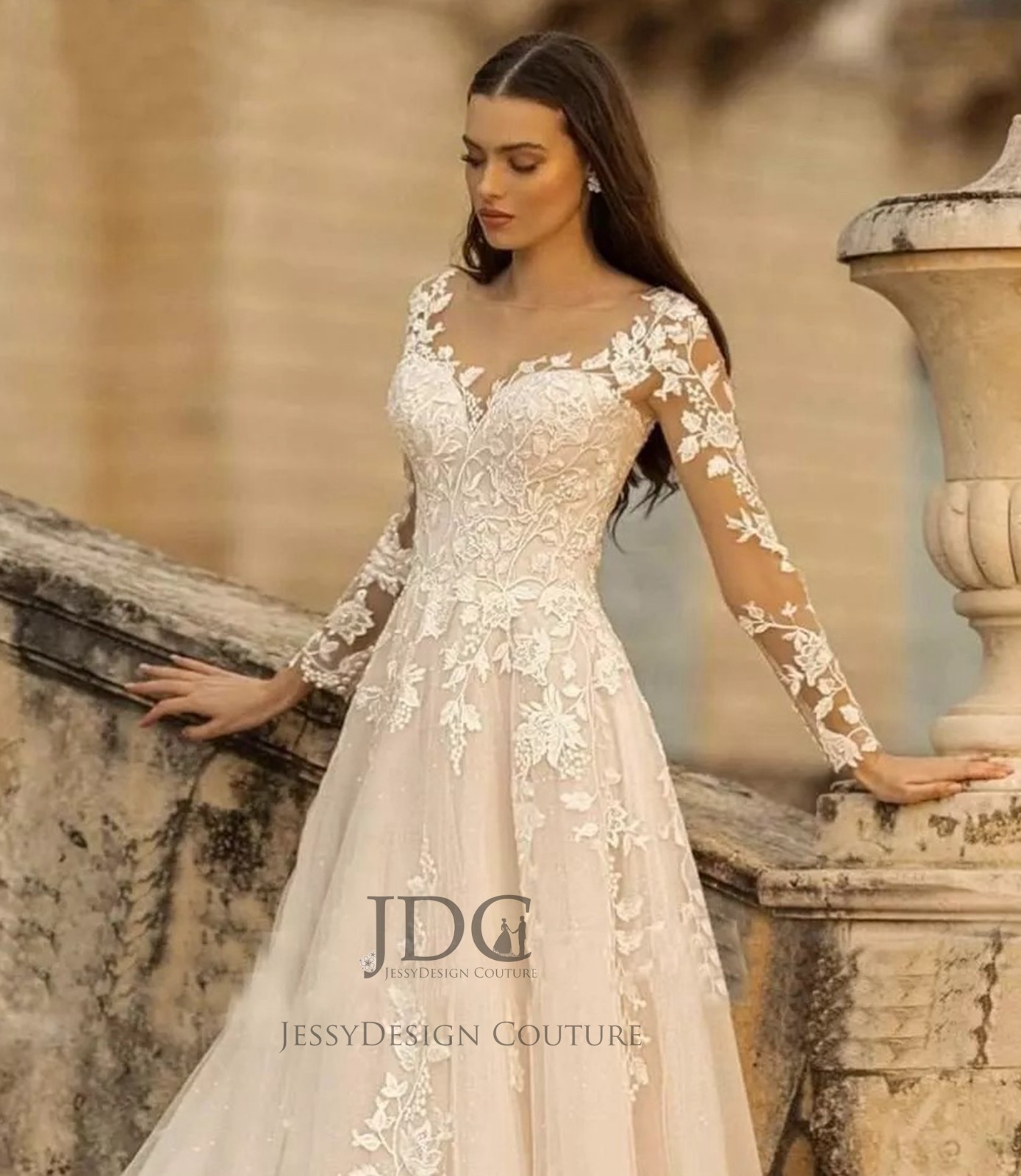 Ivory Long Sleeve Floral Lace Wedding Dress Wedding Dress 32-60 Lace Up A-Line Top