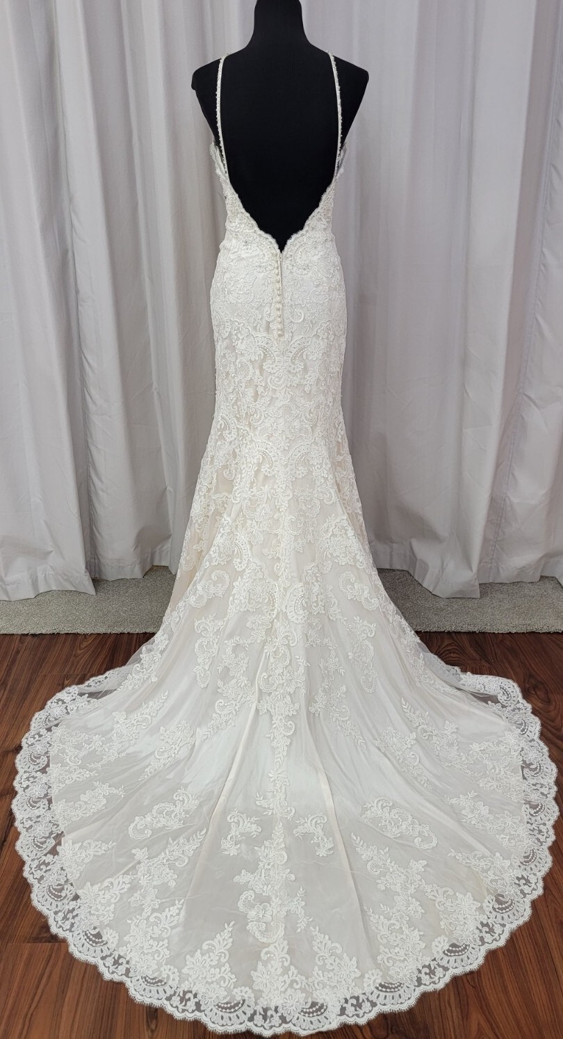 Blu Morilee Bridal 5415 Wedding Dress Sheath Fit Flare Fitted Beach V Neck Lace