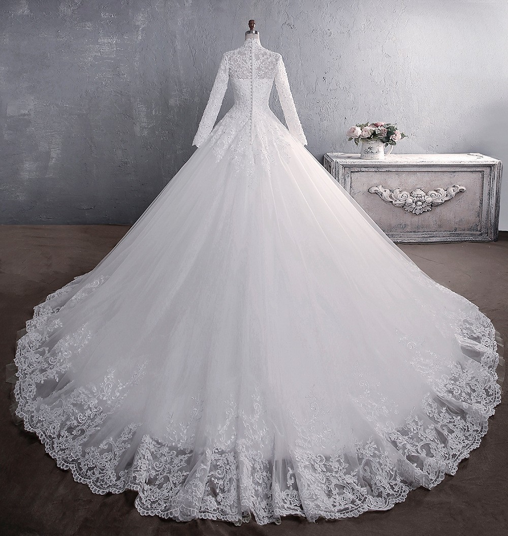 White/Ivory Lace Wedding Dresses BallGown Long Sleeve Applique BridalGown Custom