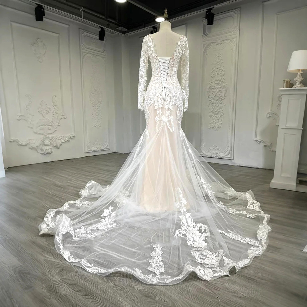 Mermaid Wedding Dresses V Neck Long Sleeves Blush Pink Lace Bridal Gowns
