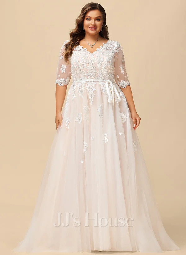 Ball-Gown/Princess V-Neck Court Train Satin Tulle Wedding Dress with Bow Sequins