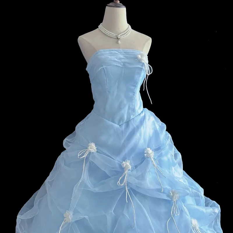 Princess Grass Green Lace Strapless Sleeveless Beading White Flower Bow Ruffles