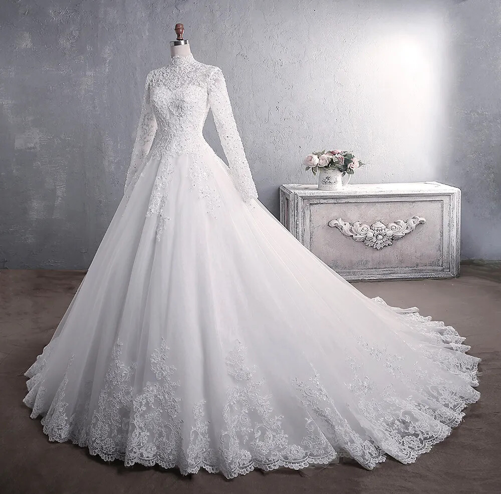 Muslim Wedding Dress Long Sleeves Elegant High Neck Luxury Lace Embroidery Gown