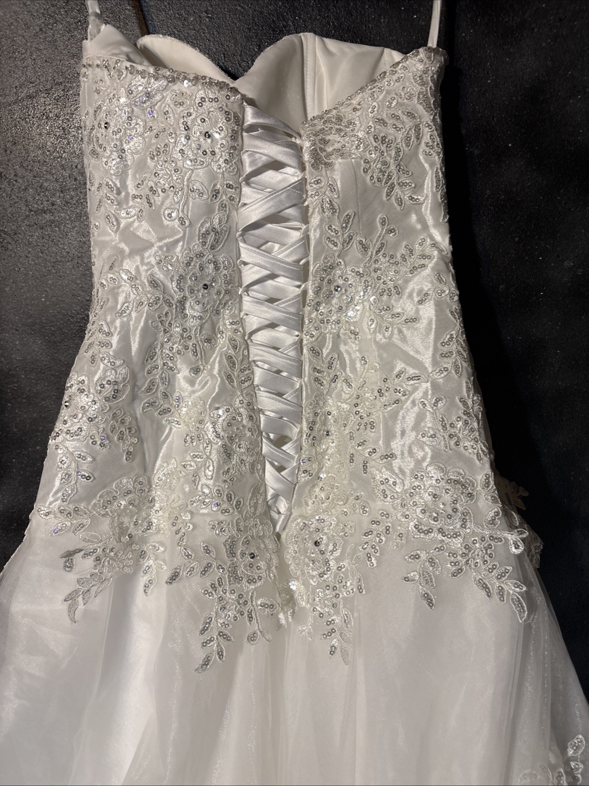 White Beaded Tulle Strapless Wedding Dress Gown Corset Tie Open Back Train Sz 4