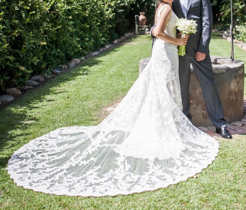 Allure Bridal 6-12 Wedding Dress 9304 Cafe Ivory Lace Illusion Train Open Back