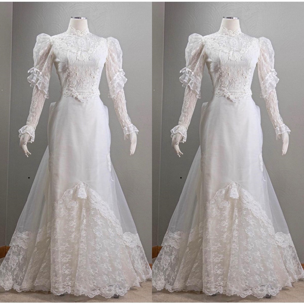 Victorian Puff Sleeves Wedding Dresses White Mermaid High Neck Bridal Gowns