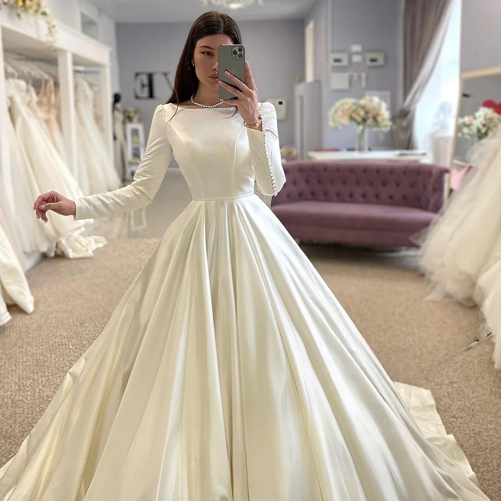 Vintage Satin Wedding Dresses For Woman Dubai Bride A-LINE Long Sleeves O-neck