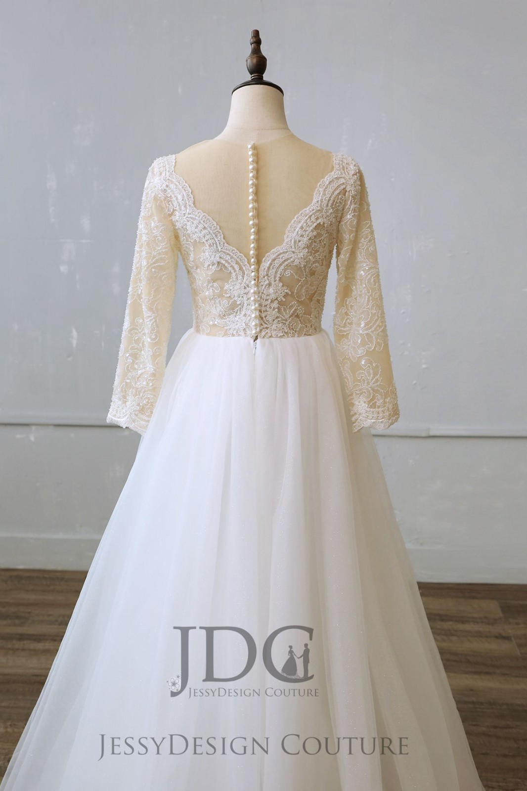 New Ivory Skin Glitter Wedding Dress Bridal Gown Long Sleeve Beaded Buttons A-Line
